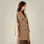 Camel double-faced wool coat for women, new winter style, loose fit, mid-length, Hepburn style wool coat.