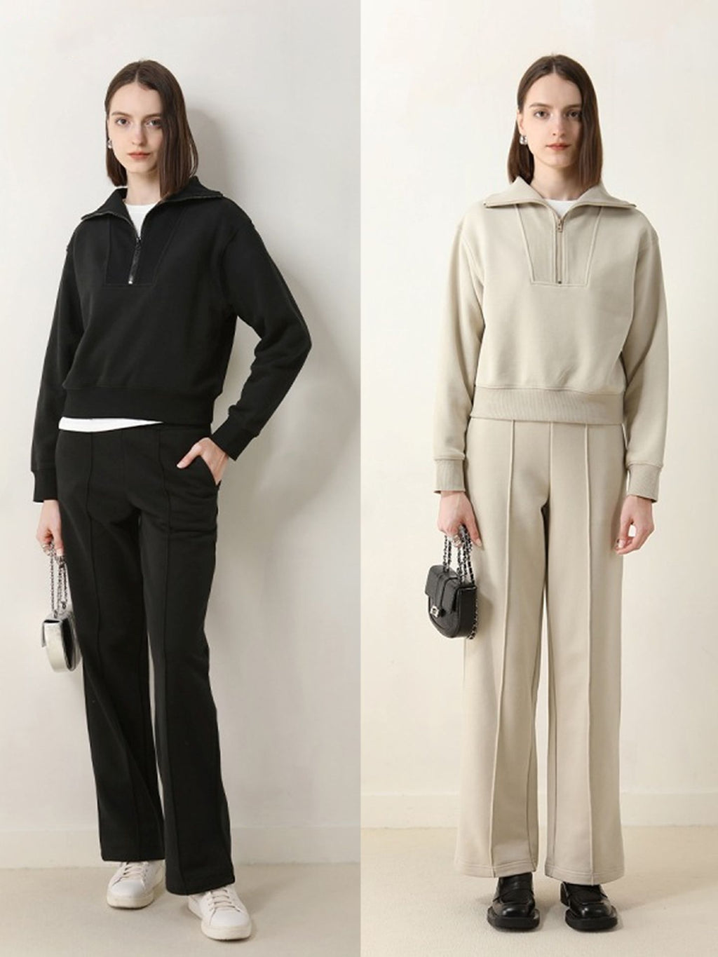 Women’s casual, loose-fitting sweater with a half-open neckline, zipper, and fleece lining – perfect for autumn and winter.