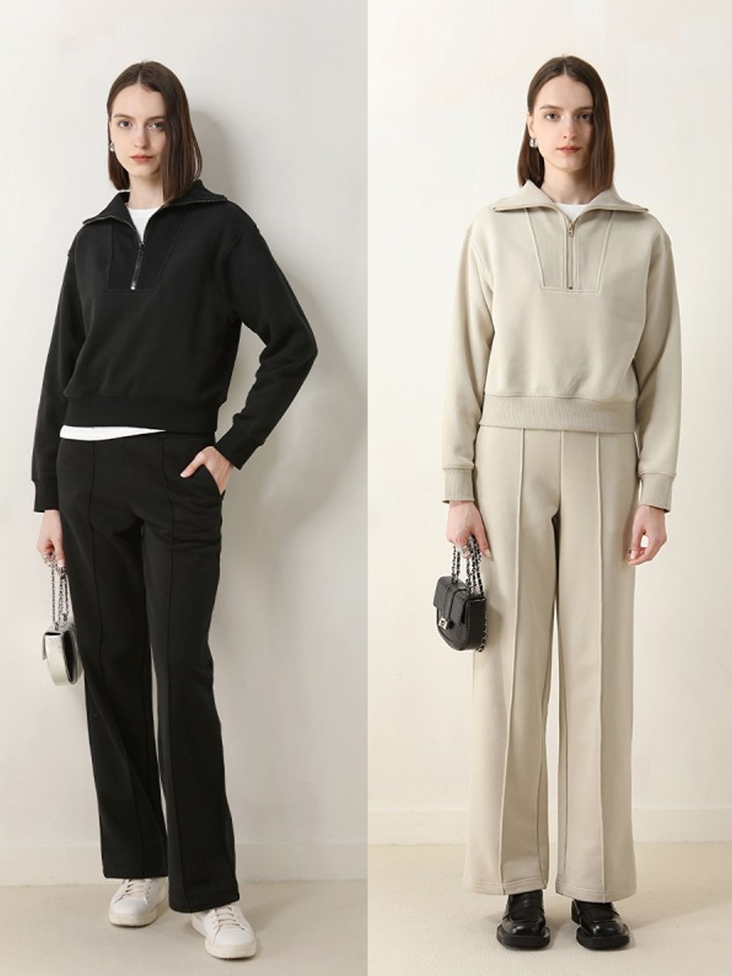 Women’s casual, loose-fitting sweater with a half-open neckline, zipper, and fleece lining – perfect for autumn and winter.