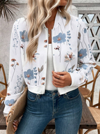 Elegant women’s short-sleeved casual jacket with floral prints and zipper closure.