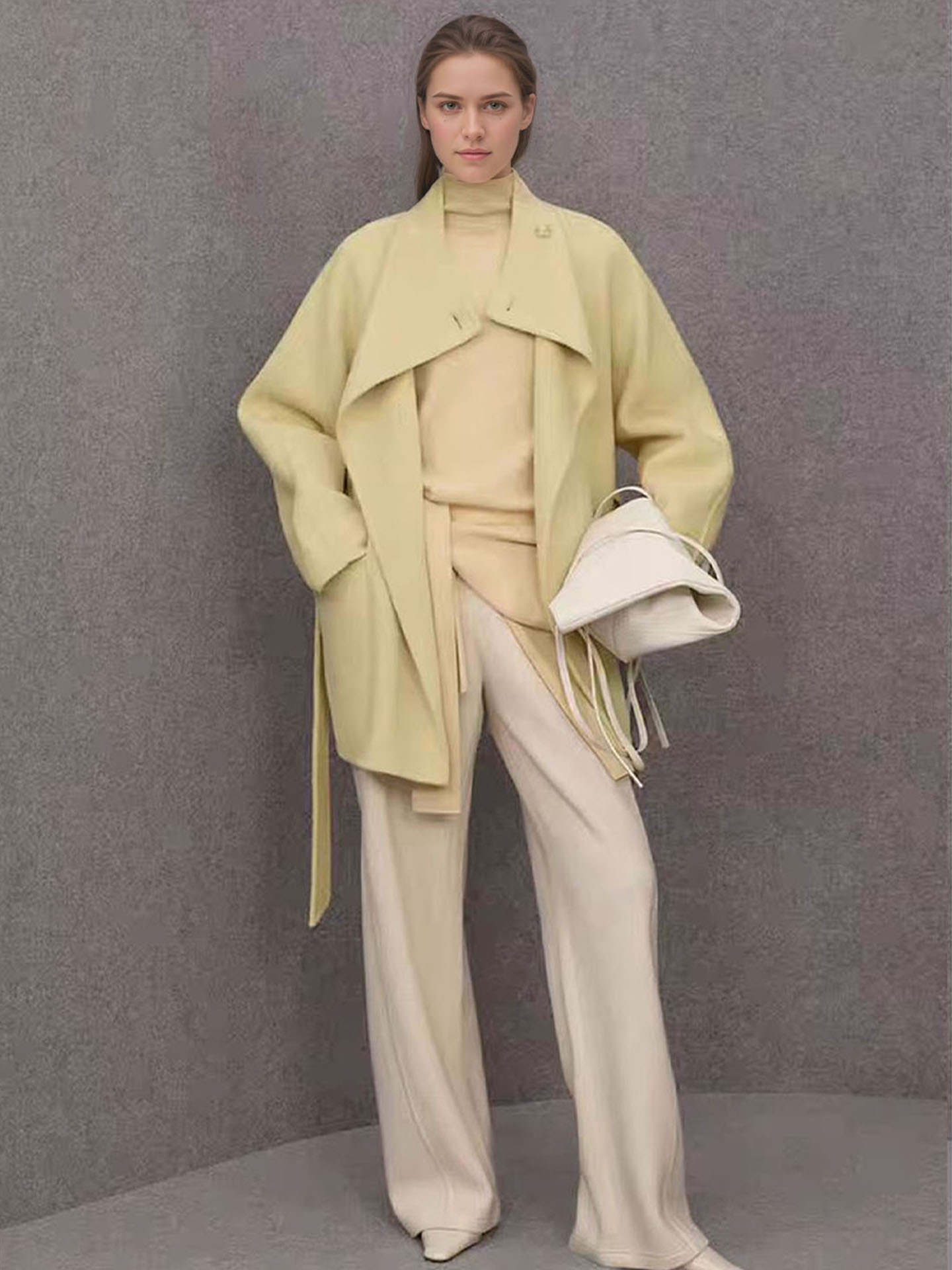 A stylish and sophisticated woolen coat with a waistband and a stand-up collar – perfect for women in autumn and winter.