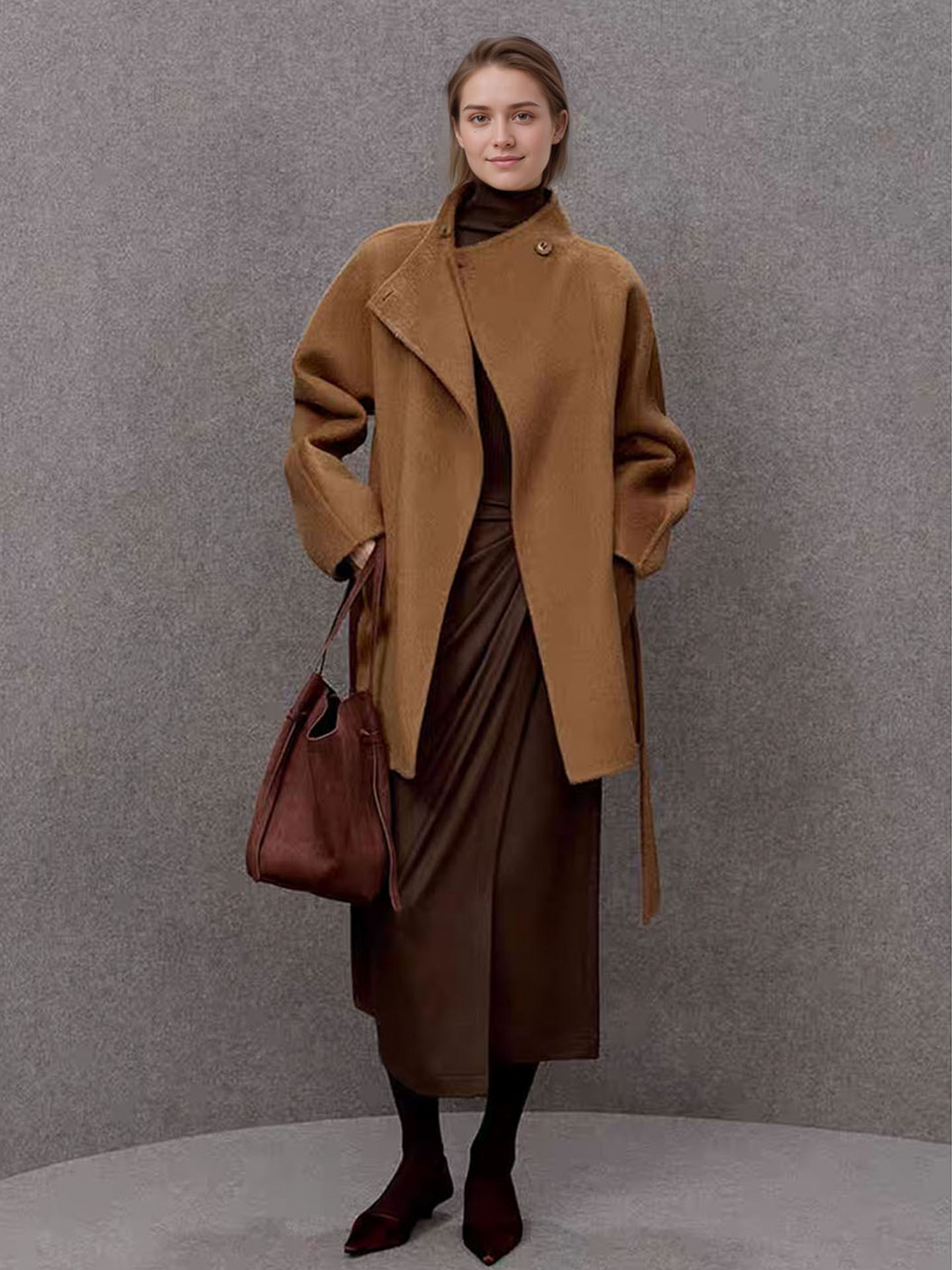 A stylish and sophisticated woolen coat with a waistband and a stand-up collar – perfect for women in autumn and winter.