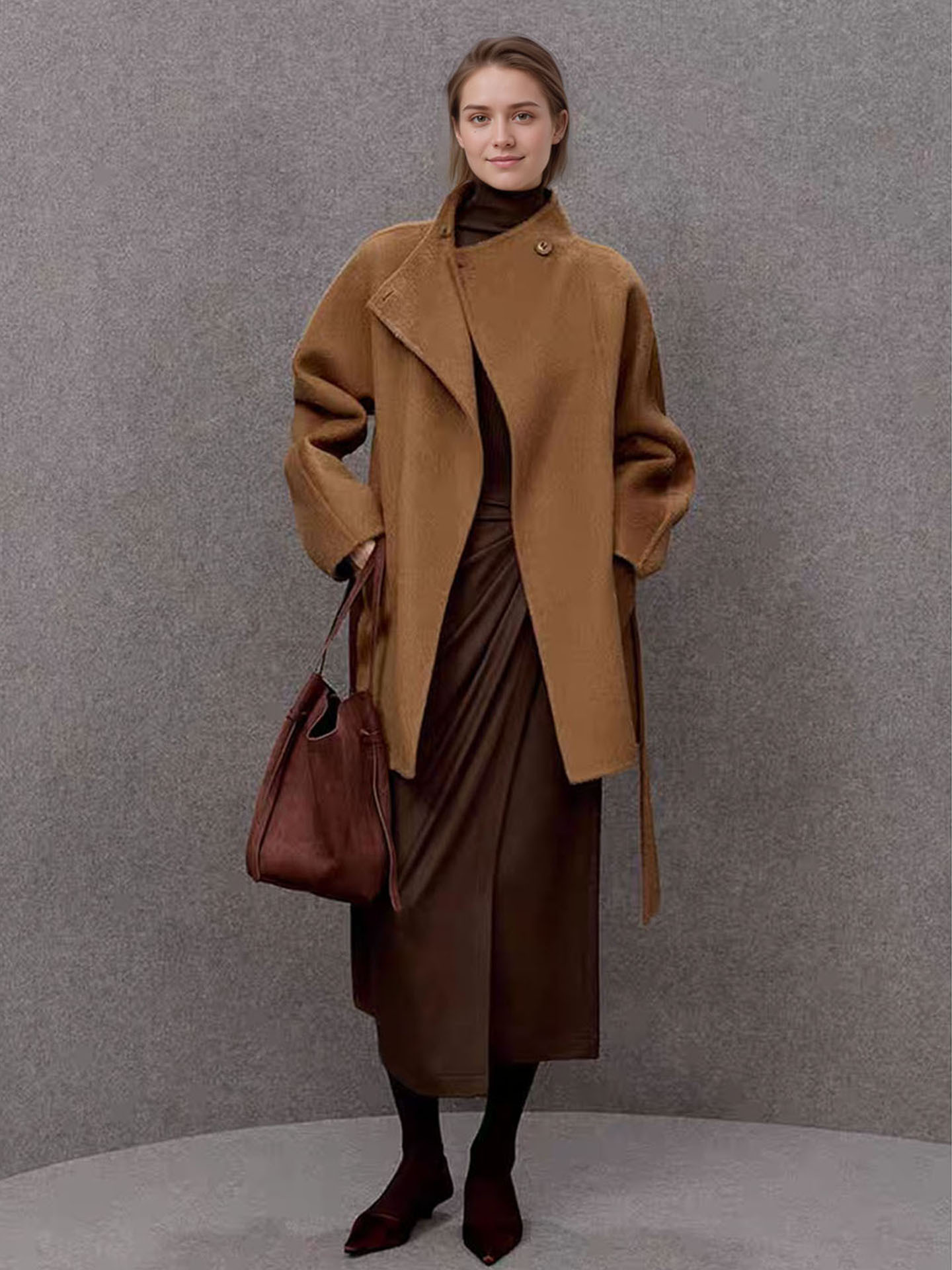 A stylish and sophisticated woolen coat with a waistband and a stand-up collar – perfect for women in autumn and winter.