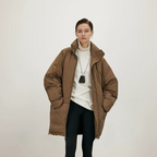 Japanese-style minimalist slightly wrinkled 90% white goose down jacket, warm and lightweight batwing sleeves, mid-length down jacket for women.