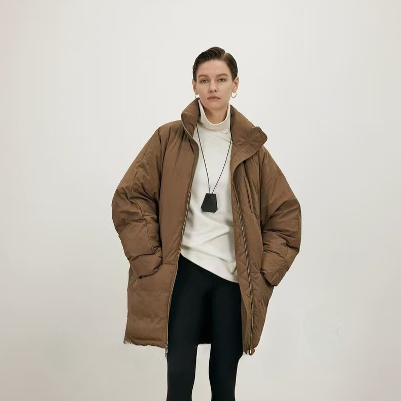 Japanese-style minimalist slightly wrinkled 90% white goose down jacket, warm and lightweight batwing sleeves, mid-length down jacket for women.