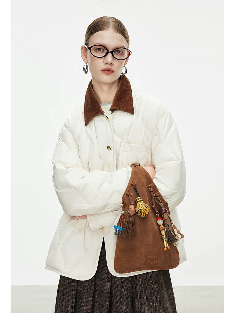 Diamond-patterned duck down corduroy lapel down jacket, 2025 winter new style, loose-fitting lightweight down coat.