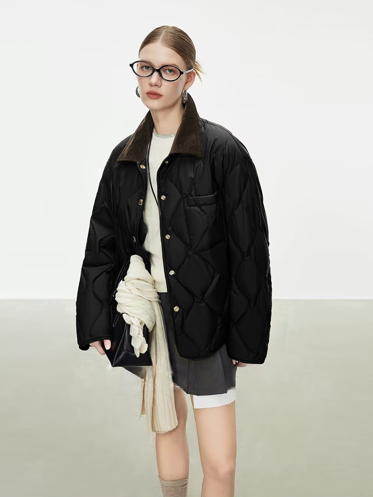 Diamond-patterned duck down corduroy lapel down jacket, 2025 winter new style, loose-fitting lightweight down coat.