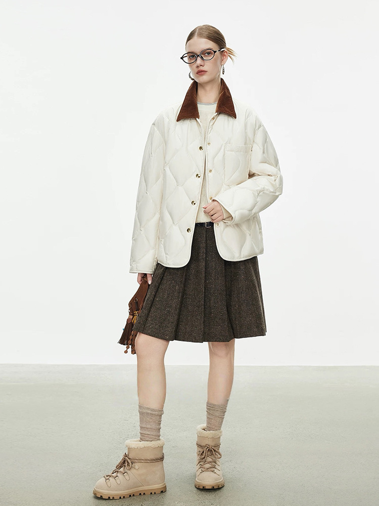 Diamond-patterned duck down corduroy lapel down jacket, 2025 winter new style, loose-fitting lightweight down coat.
