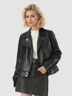 Short-length leather jacket with a leather collar for women, designed in a motorcycle-style.
