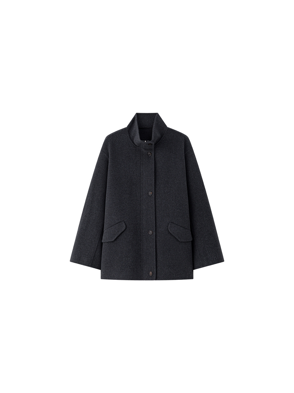 A stylish women’s winter coat with a zipper on both sides, featuring a stand-up collar and a short length; made of wool.