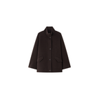 A stylish women’s winter coat with a zipper on both sides, featuring a stand-up collar and a short length; made of wool.