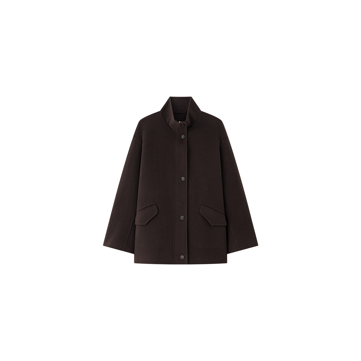 A stylish women’s winter coat with a zipper on both sides, featuring a stand-up collar and a short length; made of wool.