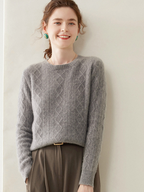 Women's round neck cashmere sweater, thickened loose-fitting solid color retro knit sweater base layer sweater
