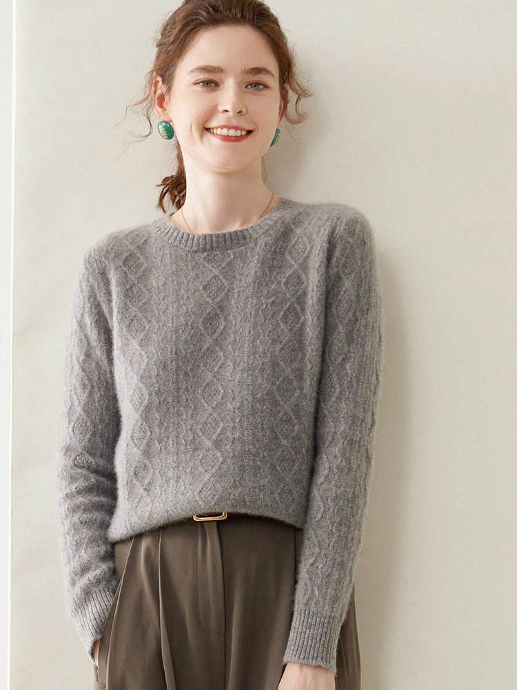 Women's round neck cashmere sweater, thickened loose-fitting solid color retro knit sweater base layer sweater