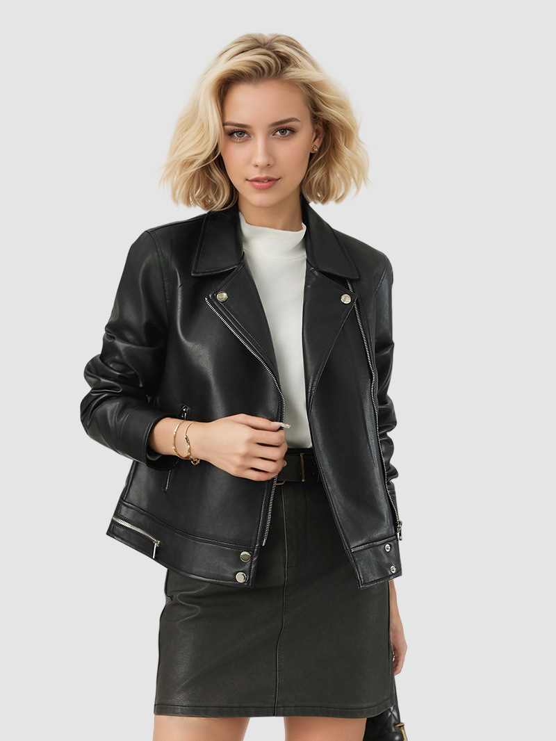Short-length leather jacket with a leather collar for women, designed in a motorcycle-style.