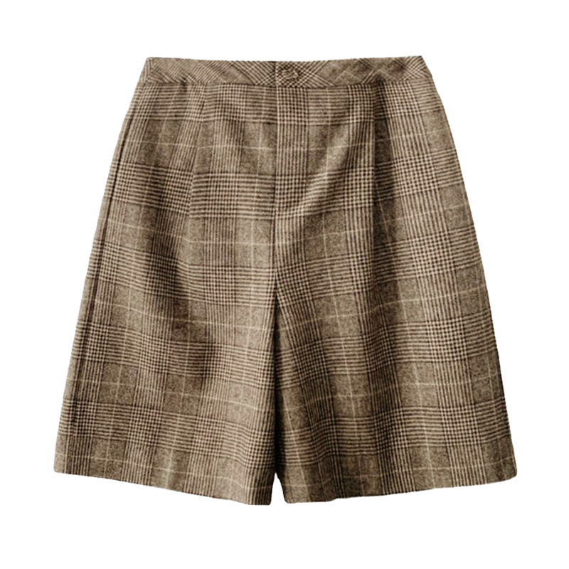 High-end wool plaid suit pants, brown casual pants, new autumn/winter style for women, 2025, retro and versatile five-point shorts