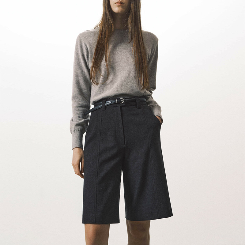 Women's wool trousers, new autumn/winter style, high-waisted, five-point trousers, petite, elegant, slimming, straight-leg wide-leg trousers