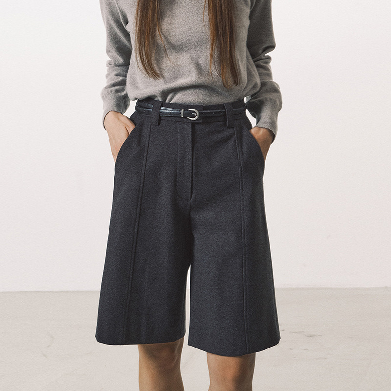 Women's wool trousers, new autumn/winter style, high-waisted, five-point trousers, petite, elegant, slimming, straight-leg wide-leg trousers