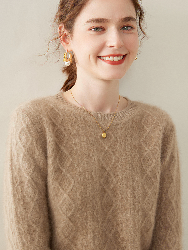 Women's round neck cashmere sweater, thickened loose-fitting solid color retro knit sweater base layer sweater
