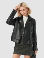 Short-length leather jacket with a leather collar for women, designed in a motorcycle-style.