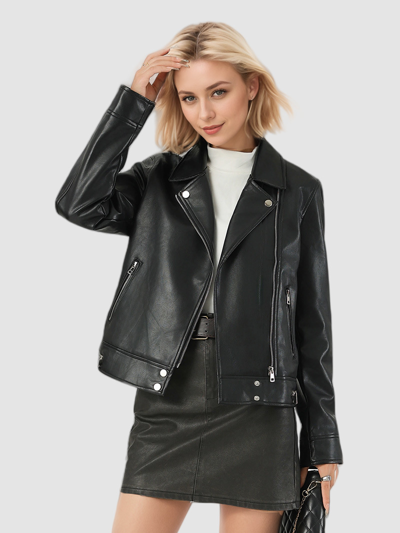 Short-length leather jacket with a leather collar for women, designed in a motorcycle-style.