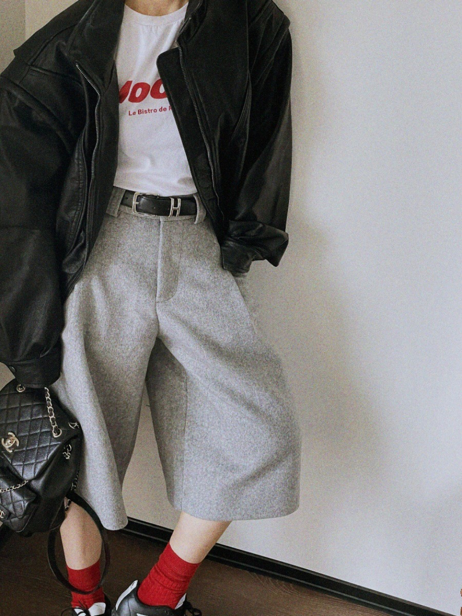 Retro minimalist style thick woolen suit pants for women, new autumn and winter style, casual, drapey, versatile wide-leg five-point pants