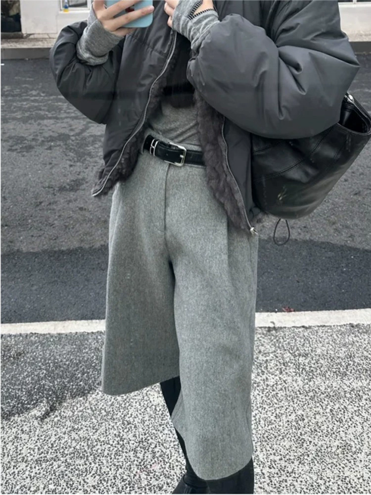 Retro minimalist style thick woolen suit pants for women, new autumn and winter style, casual, drapey, versatile wide-leg five-point pants