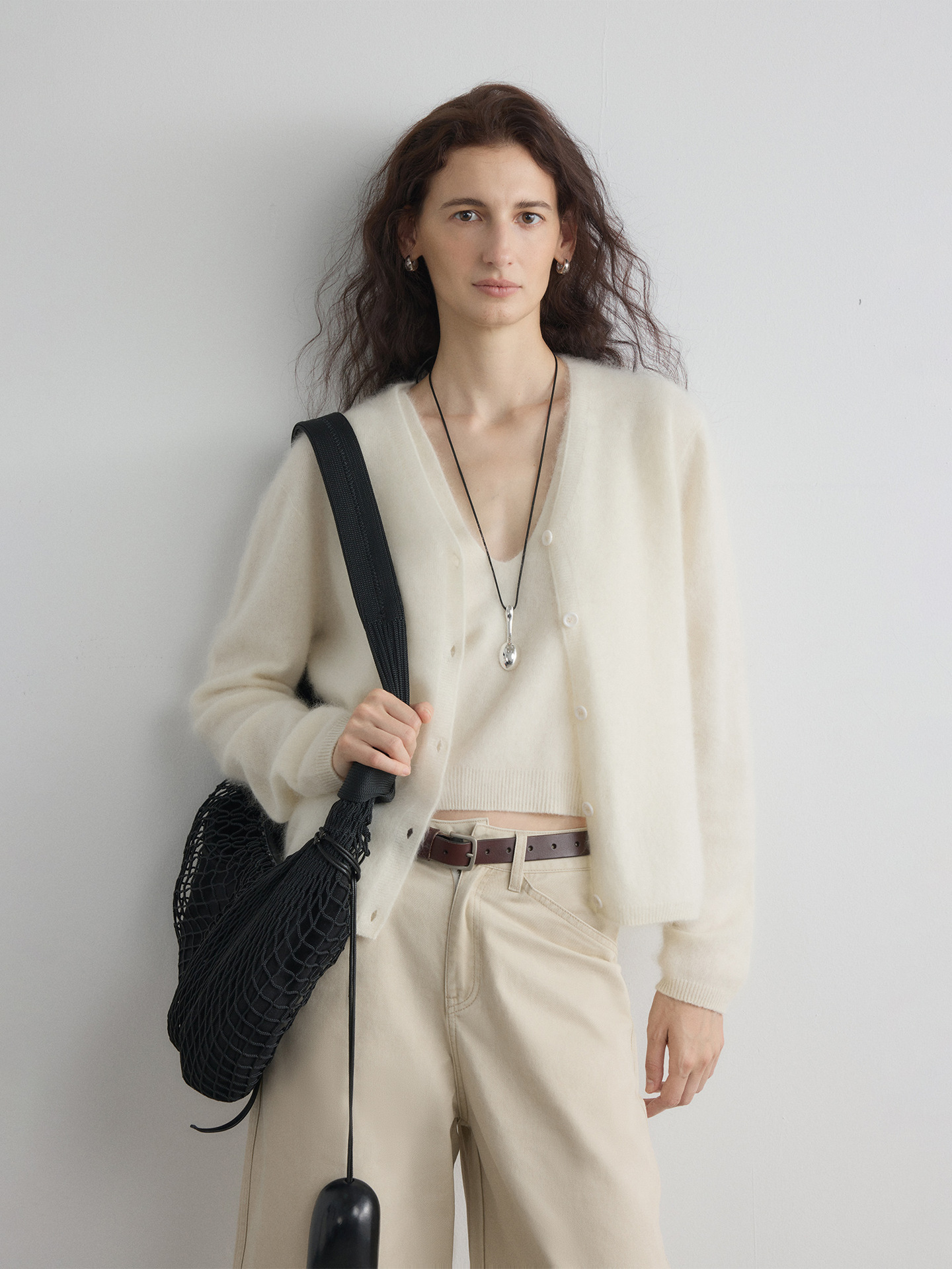 Cashmere-like, soft and fluffy woolen knitted V-neck sweater