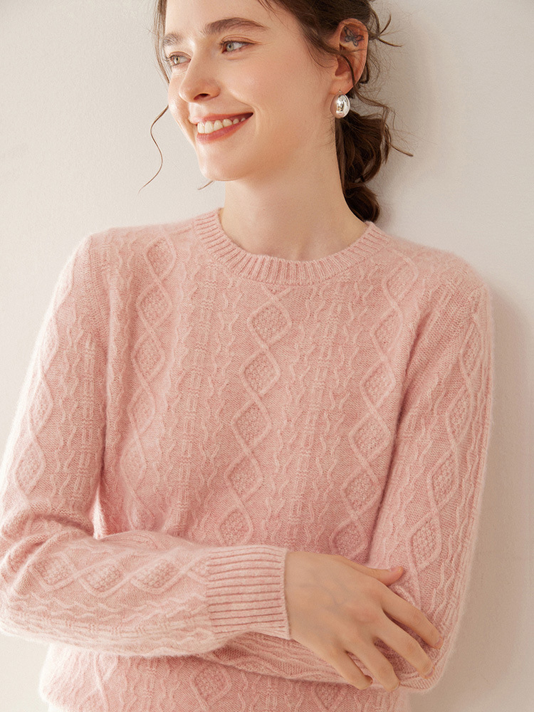 Women's round neck cashmere sweater, thickened loose-fitting solid color retro knit sweater base layer sweater