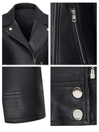 Short-length leather jacket with a leather collar for women, designed in a motorcycle-style.