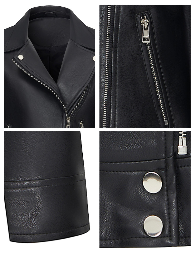 Short-length leather jacket with a leather collar for women, designed in a motorcycle-style.