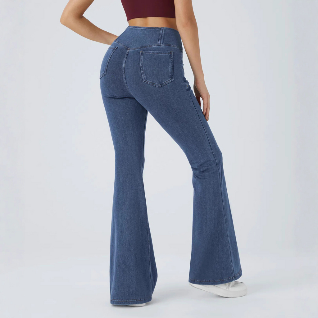 High waisted cross flared jeans with a slimming effect and elastic cross-border lifting effect, women's micro flared denim long pants