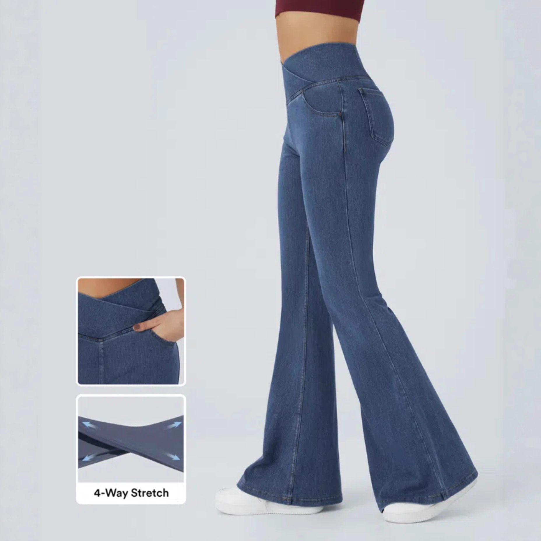High waisted cross flared jeans with a slimming effect and elastic cross-border lifting effect, women's micro flared denim long pants