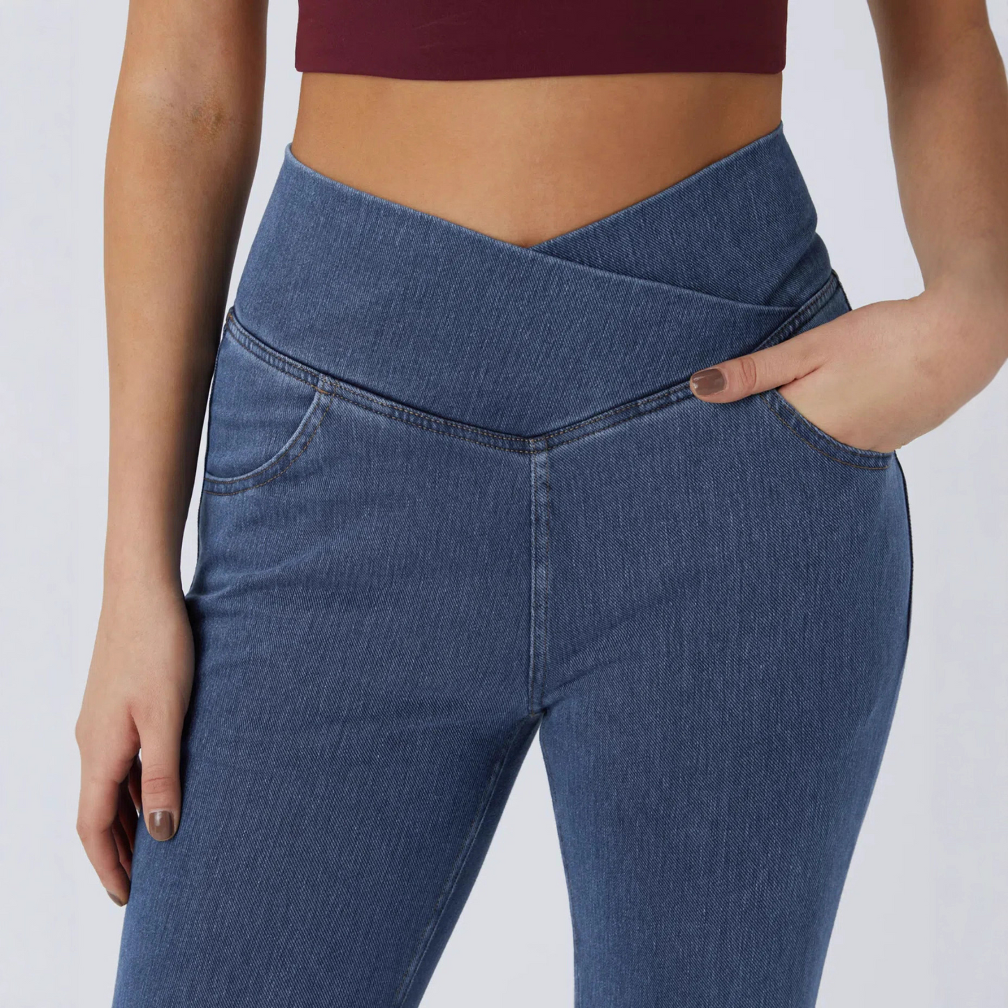 High waisted cross flared jeans with a slimming effect and elastic cross-border lifting effect, women's micro flared denim long pants