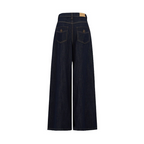 Dark blue denim trousers, high-waisted, straight-leg, wide-leg, perfect for early autumn and winter, with a flowing drape, ideal for spring and summer.
