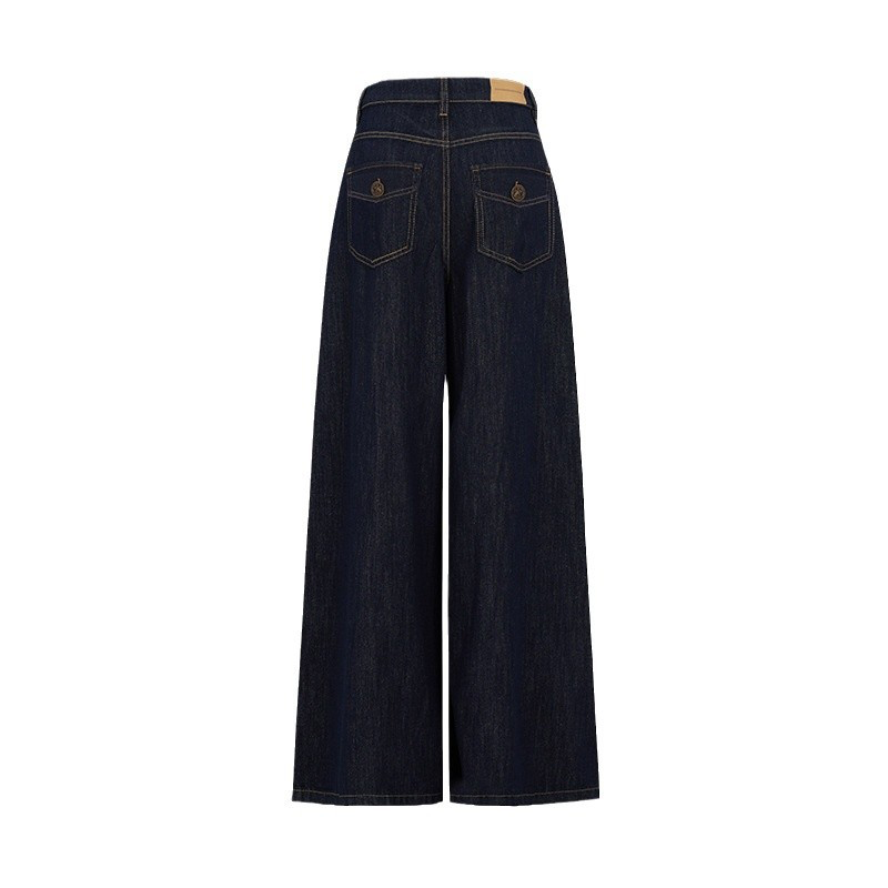 Dark blue denim trousers, high-waisted, straight-leg, wide-leg, perfect for early autumn and winter, with a flowing drape, ideal for spring and summer.