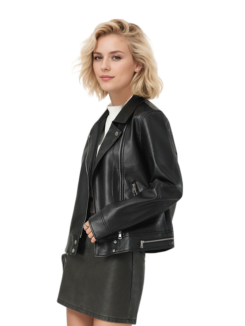Short-length leather jacket with a leather collar for women, designed in a motorcycle-style.