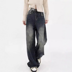High-street versatile dark blue wide-leg fleece-lined jeans for women, slimming, loose-fitting straight-leg pants, high waist.