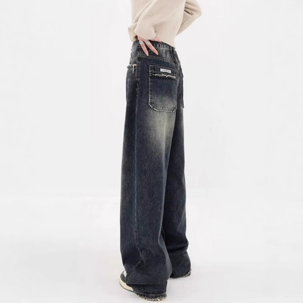 High-street versatile dark blue wide-leg fleece-lined jeans for women, slimming, loose-fitting straight-leg pants, high waist.