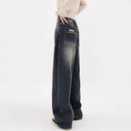 High-street versatile dark blue wide-leg fleece-lined jeans for women, slimming, loose-fitting straight-leg pants, high waist.