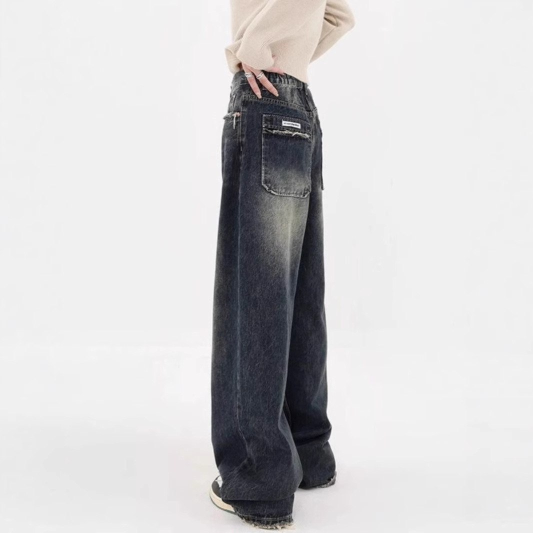 High-street versatile dark blue wide-leg fleece-lined jeans for women, slimming, loose-fitting straight-leg pants, high waist.
