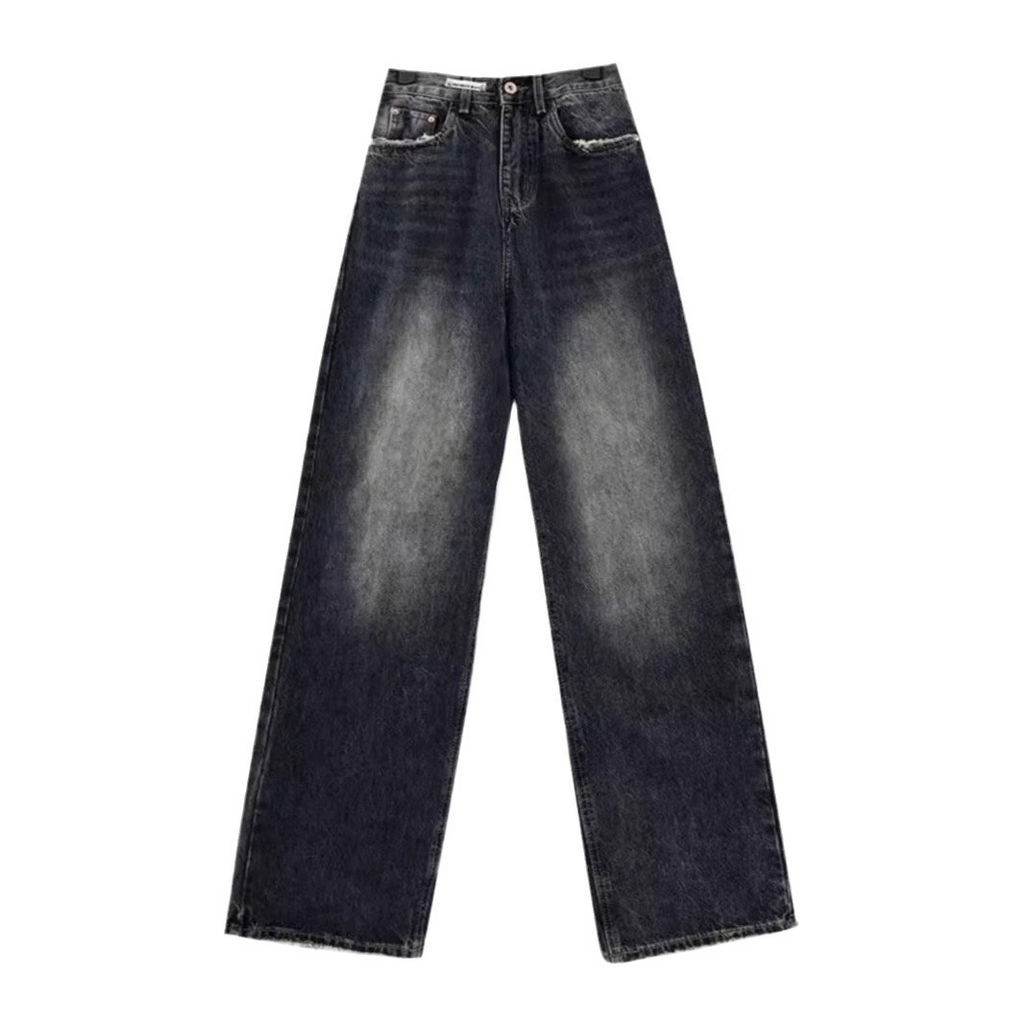 High-street versatile dark blue wide-leg fleece-lined jeans for women, slimming, loose-fitting straight-leg pants, high waist.