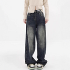 High-street versatile dark blue wide-leg fleece-lined jeans for women, slimming, loose-fitting straight-leg pants, high waist.