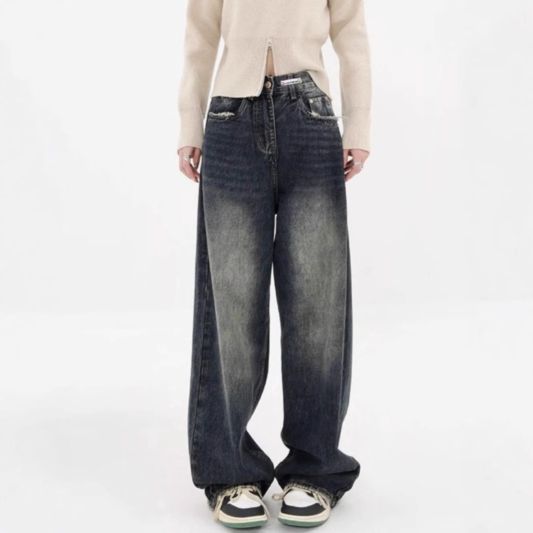 High-street versatile dark blue wide-leg fleece-lined jeans for women, slimming, loose-fitting straight-leg pants, high waist.