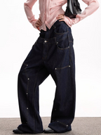 Faux two-piece spliced double-waisted jeans, trendy and fashionable, unique design, loose straight leg trousers for men and women.