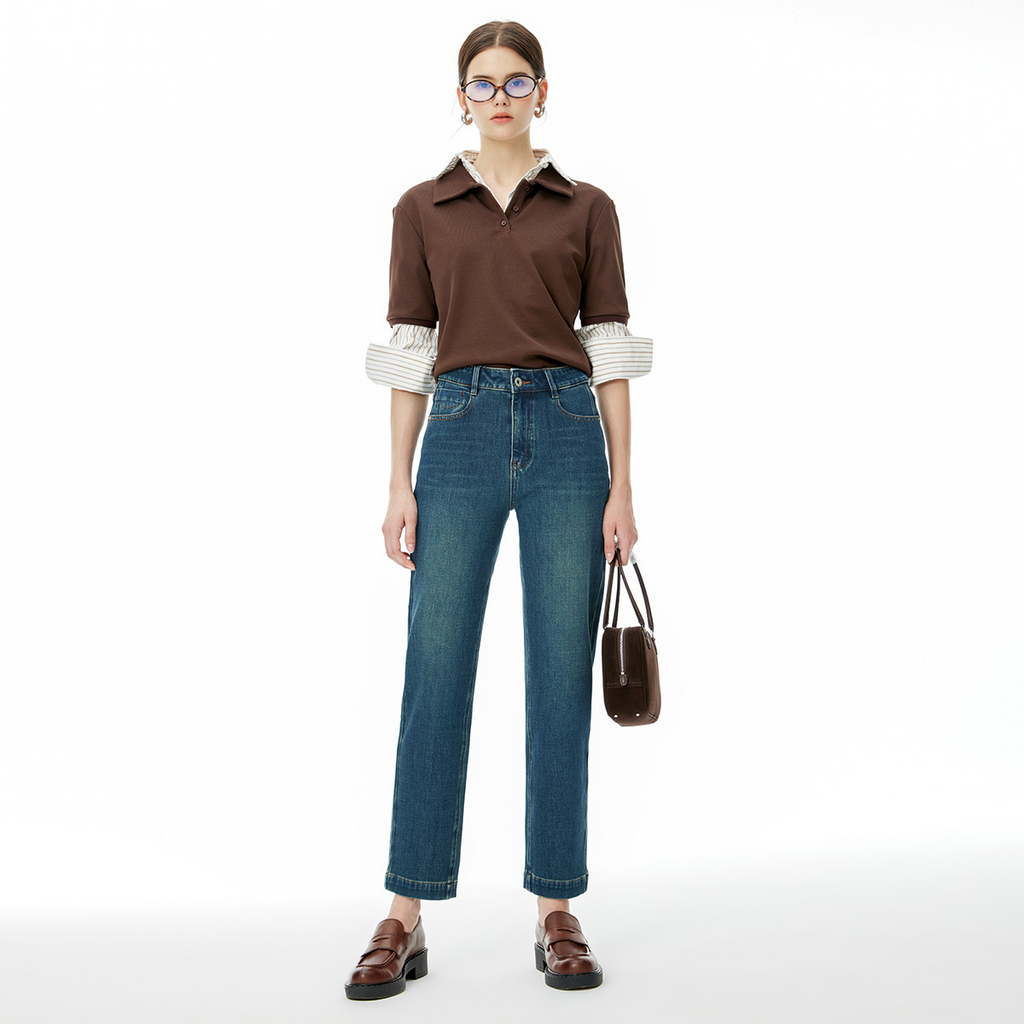 High end 2024 autumn new four-way stretch nine point stick jeans, high waisted slim fit pants, fashionable and versatile trend