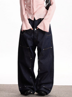Faux two-piece spliced double-waisted jeans, trendy and fashionable, unique design, loose straight leg trousers for men and women.