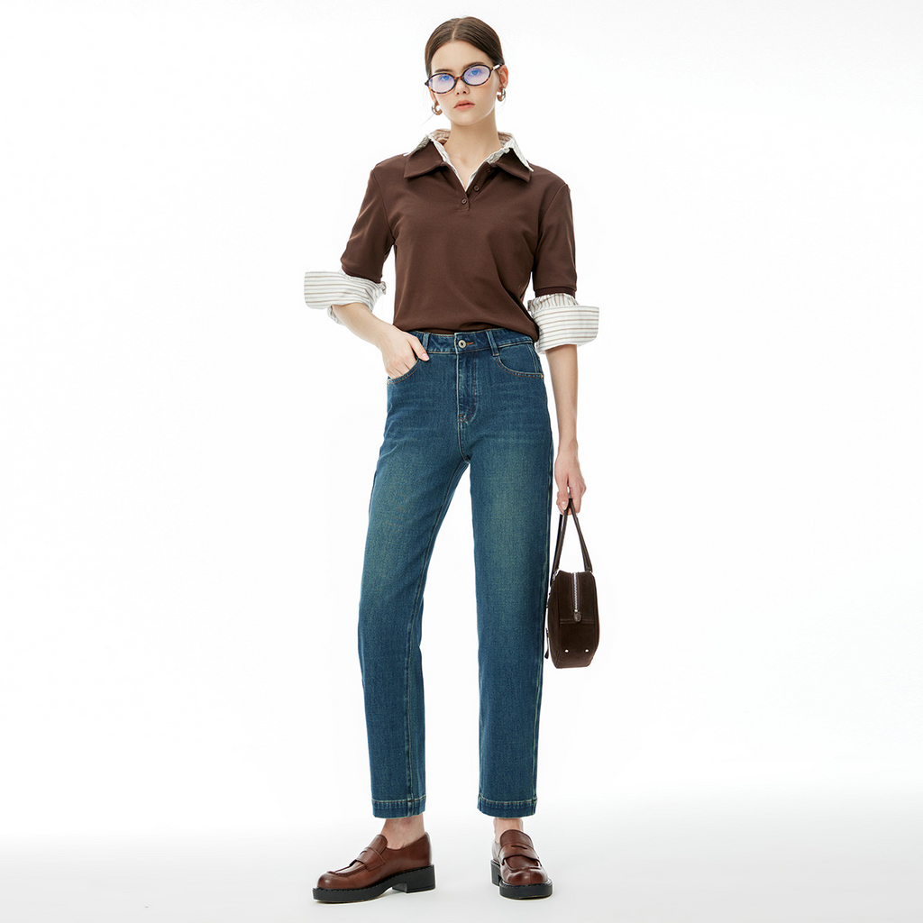 High end 2024 autumn new four-way stretch nine point stick jeans, high waisted slim fit pants, fashionable and versatile trend