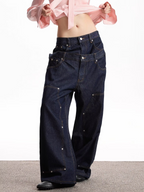 Faux two-piece spliced double-waisted jeans, trendy and fashionable, unique design, loose straight leg trousers for men and women.