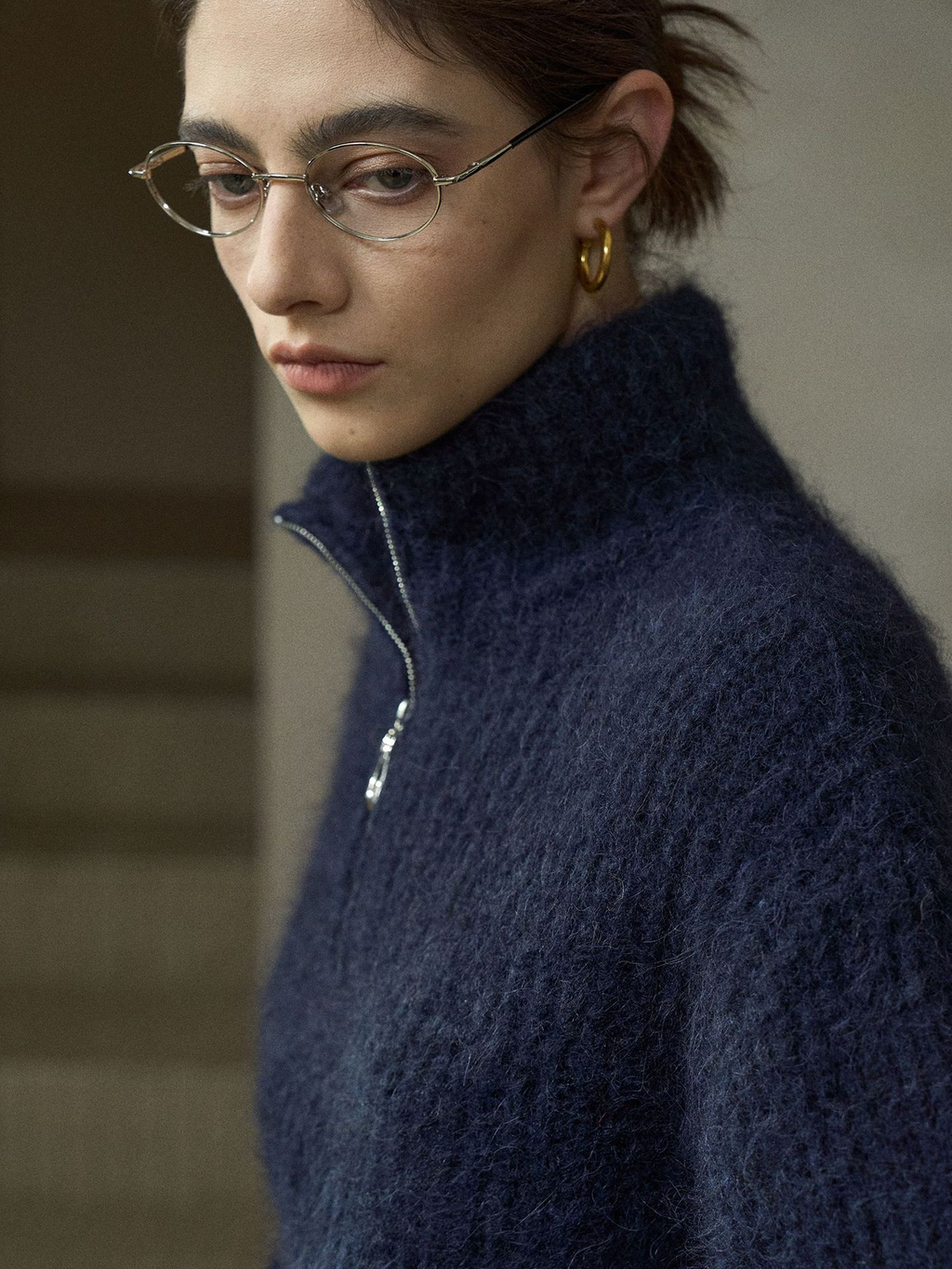 Delicate and soft alpaca wool half-zip turtleneck knit sweater for women